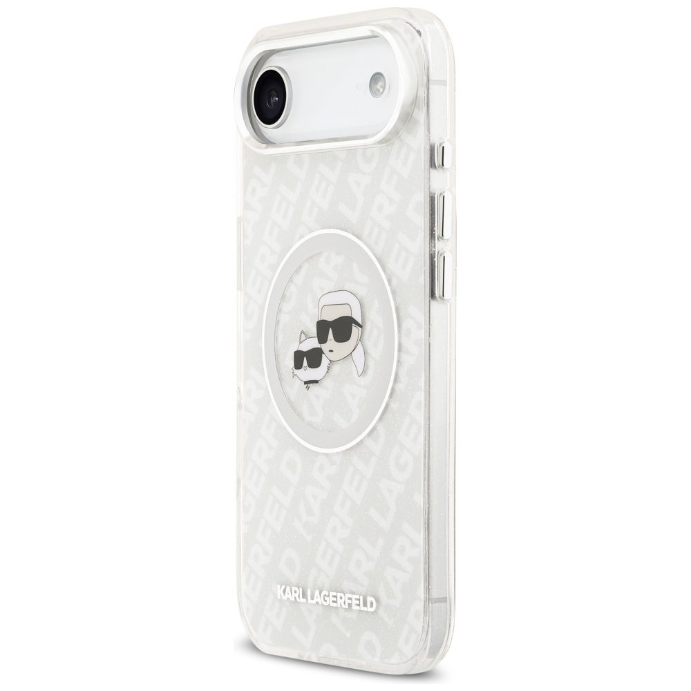 473682_oryg Karl Lagerfeld case Magsafe IML glitter case metal camera frame and buttons Karl and Choupette heads on KL repeated logo for iPhone 17 Air grey