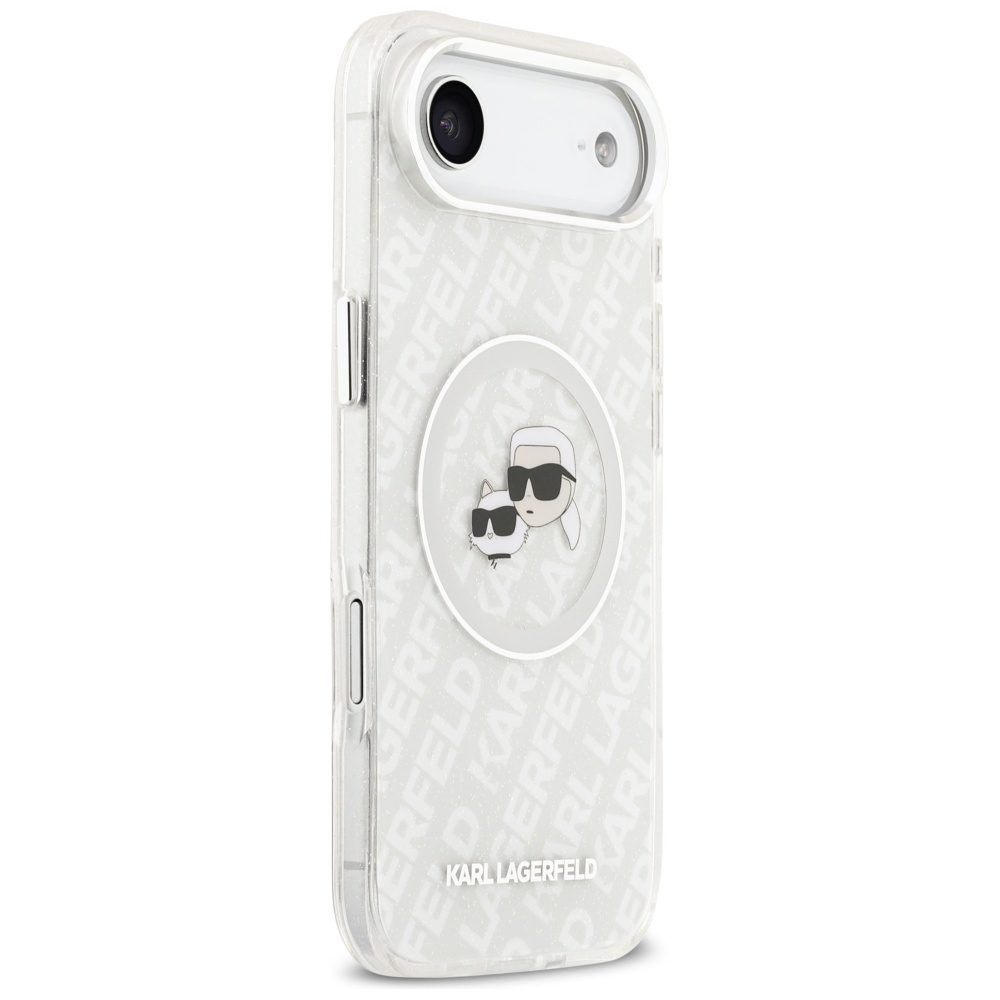473684_oryg Karl Lagerfeld case Magsafe IML glitter case metal camera frame and buttons Karl and Choupette heads on KL repeated logo for iPhone 17 Air grey