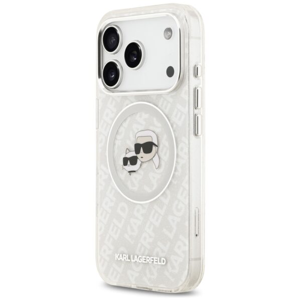 Karl Lagerfeld case Magsafe IML glitter case metal camera frame and buttons Karl and Choupette heads on KL repeated logo for iPhone 17 Pro grey