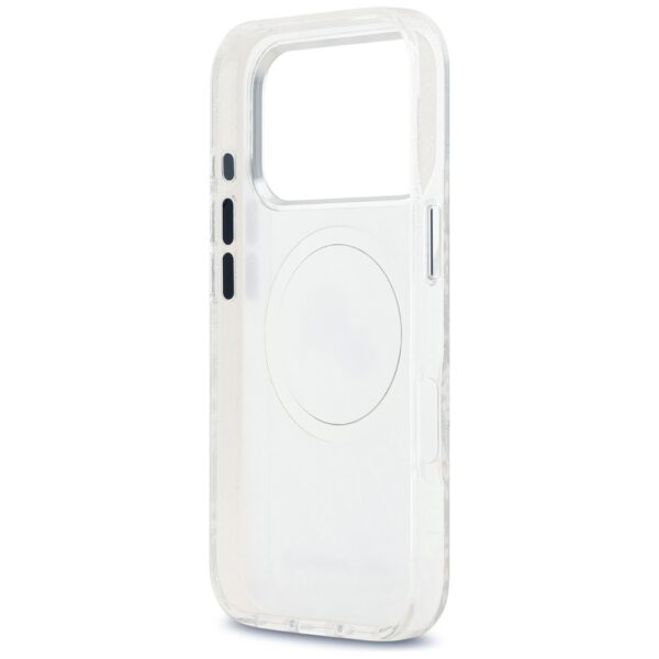 Karl Lagerfeld case Magsafe IML glitter case metal camera frame and buttons Karl and Choupette heads on KL repeated logo for iPhone 17 Pro grey