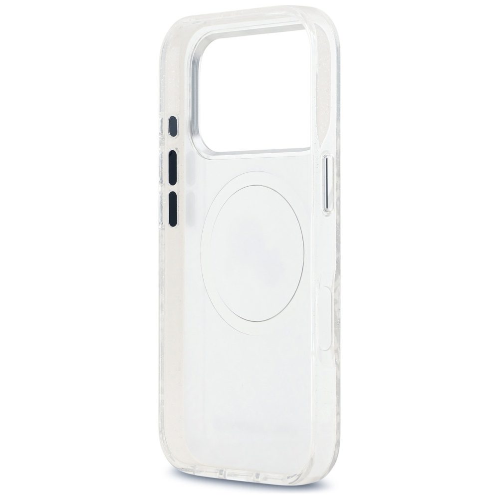 Karl Lagerfeld case Magsafe IML glitter case metal camera frame and buttons Karl and Choupette heads on KL repeated logo for iPhone 17 Pro grey