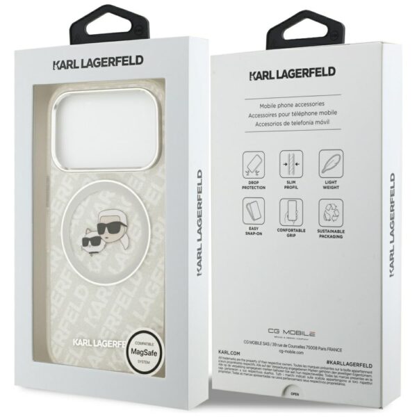 Karl Lagerfeld case Magsafe IML glitter case metal camera frame and buttons Karl and Choupette heads on KL repeated logo for iPhone 17 Pro grey