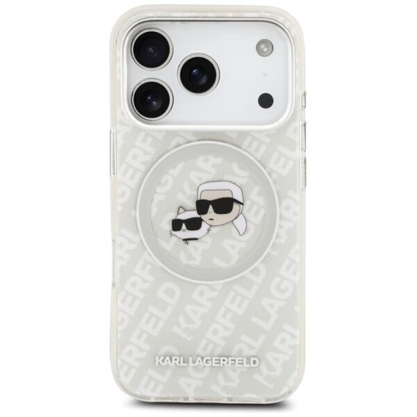 Karl Lagerfeld case Magsafe IML glitter case metal camera frame and buttons Karl and Choupette heads on KL repeated logo for iPhone 17 Pro Max grey