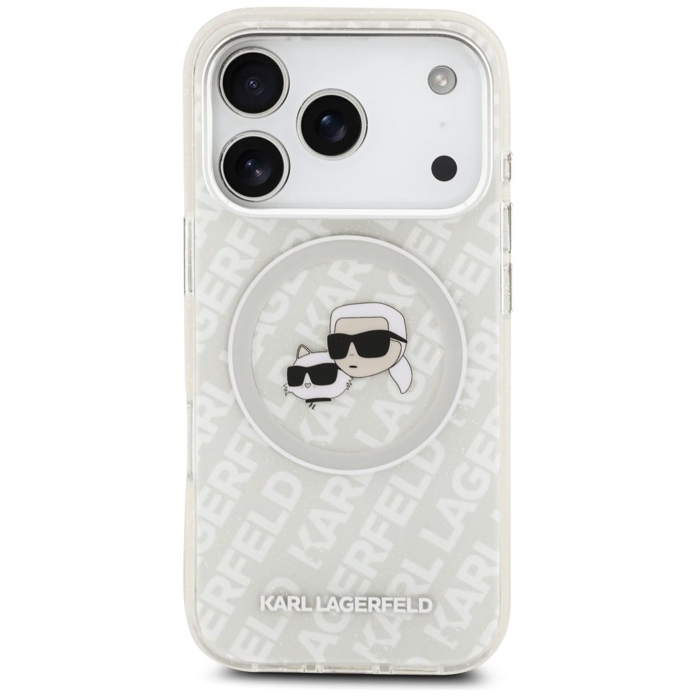 Karl Lagerfeld case Magsafe IML glitter case metal camera frame and buttons Karl and Choupette heads on KL repeated logo for iPhone 17 Pro Max grey