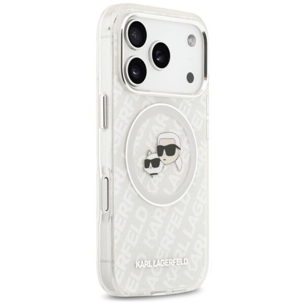 Karl Lagerfeld case Magsafe IML glitter case metal camera frame and buttons Karl and Choupette heads on KL repeated logo for iPhone 17 Pro Max grey