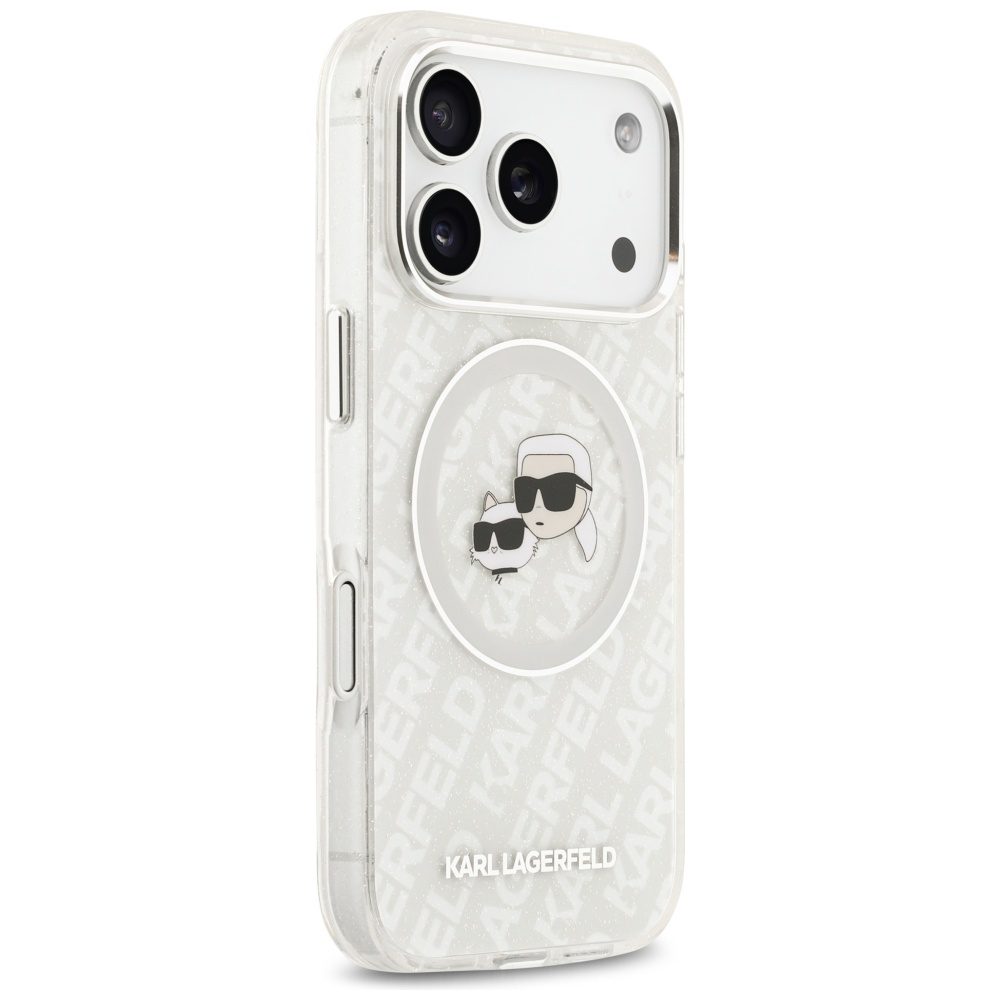 Karl Lagerfeld case Magsafe IML glitter case metal camera frame and buttons Karl and Choupette heads on KL repeated logo for iPhone 17 Pro Max grey