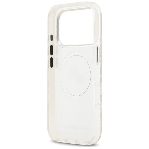 Karl Lagerfeld case Magsafe IML glitter case metal camera frame and buttons Karl and Choupette heads on KL repeated logo for iPhone 17 Pro Max grey