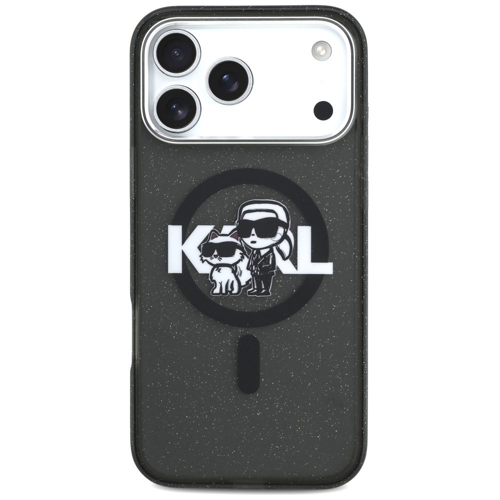 473707_oryg Karl Lagerfeld case Magsafe IML glitter case metal camera frame and buttons Karl and Choupette sketch logo for iPhone 17 Pro Max transparent