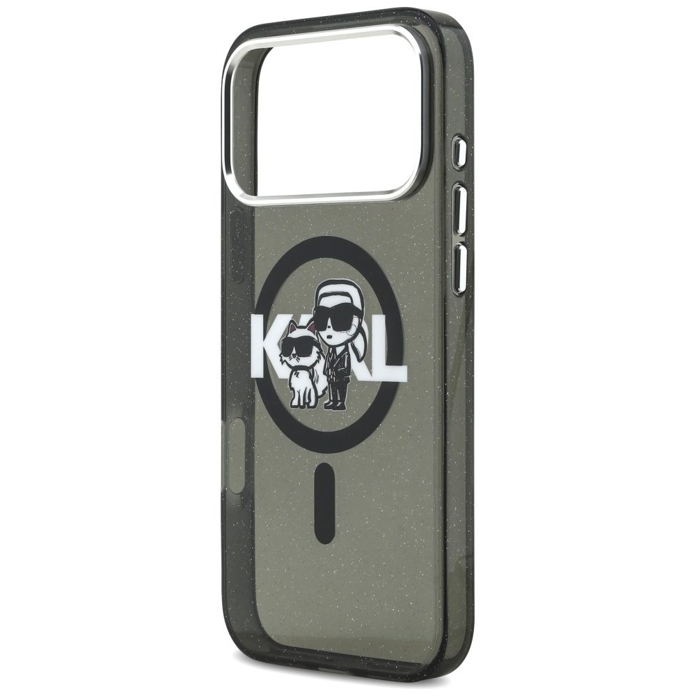 473710_oryg Karl Lagerfeld case Magsafe IML glitter case metal camera frame and buttons Karl and Choupette sketch logo for iPhone 17 Pro Max transparent