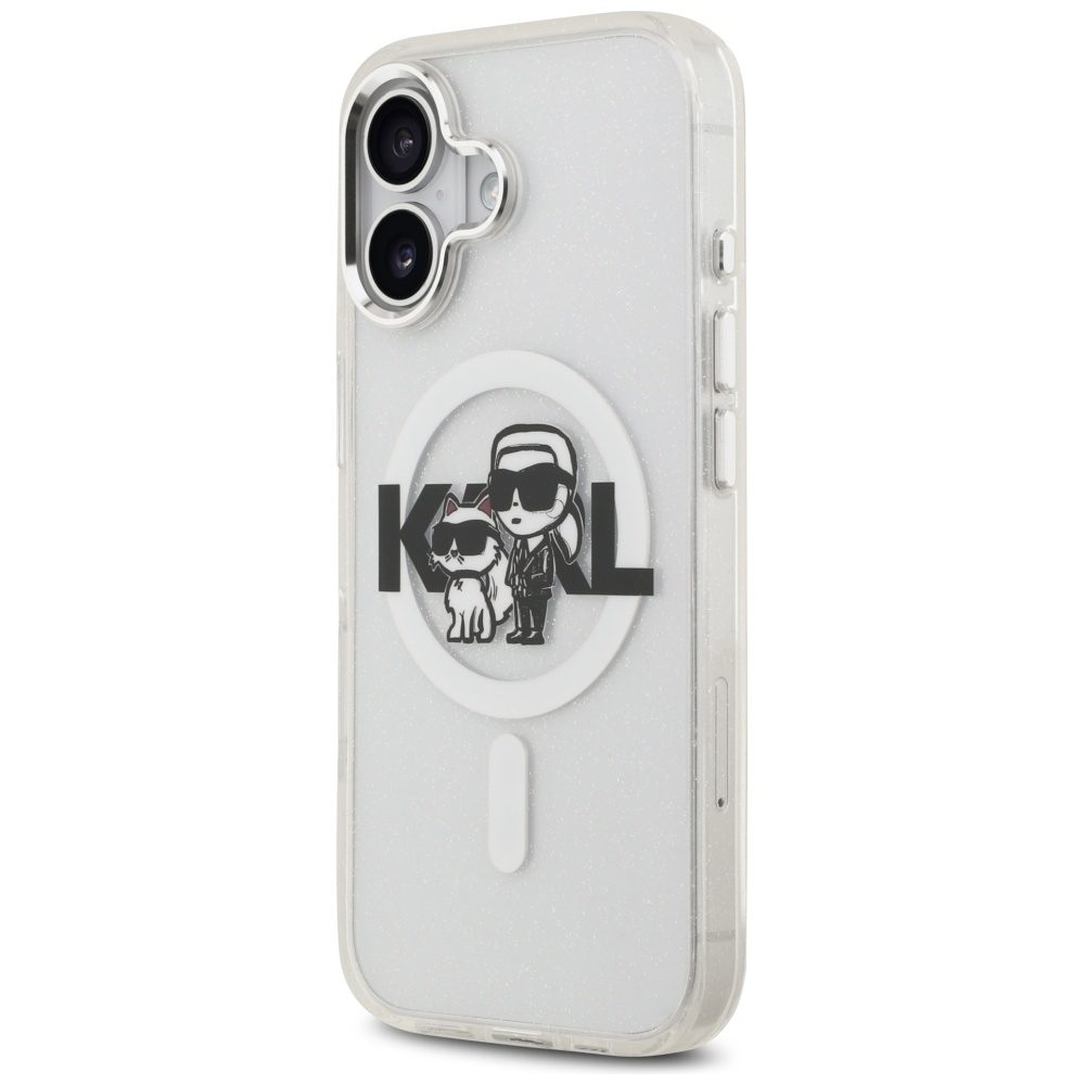 Karl Lagerfeld case Magsafe IML glitter case metal camera frame and buttons Karl and Choupette sketch logo for iPhone 17 black