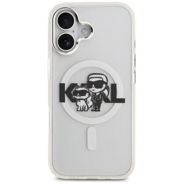 Karl Lagerfeld case Magsafe IML glitter case metal camera frame and buttons Karl and Choupette sketch logo for iPhone 17 black