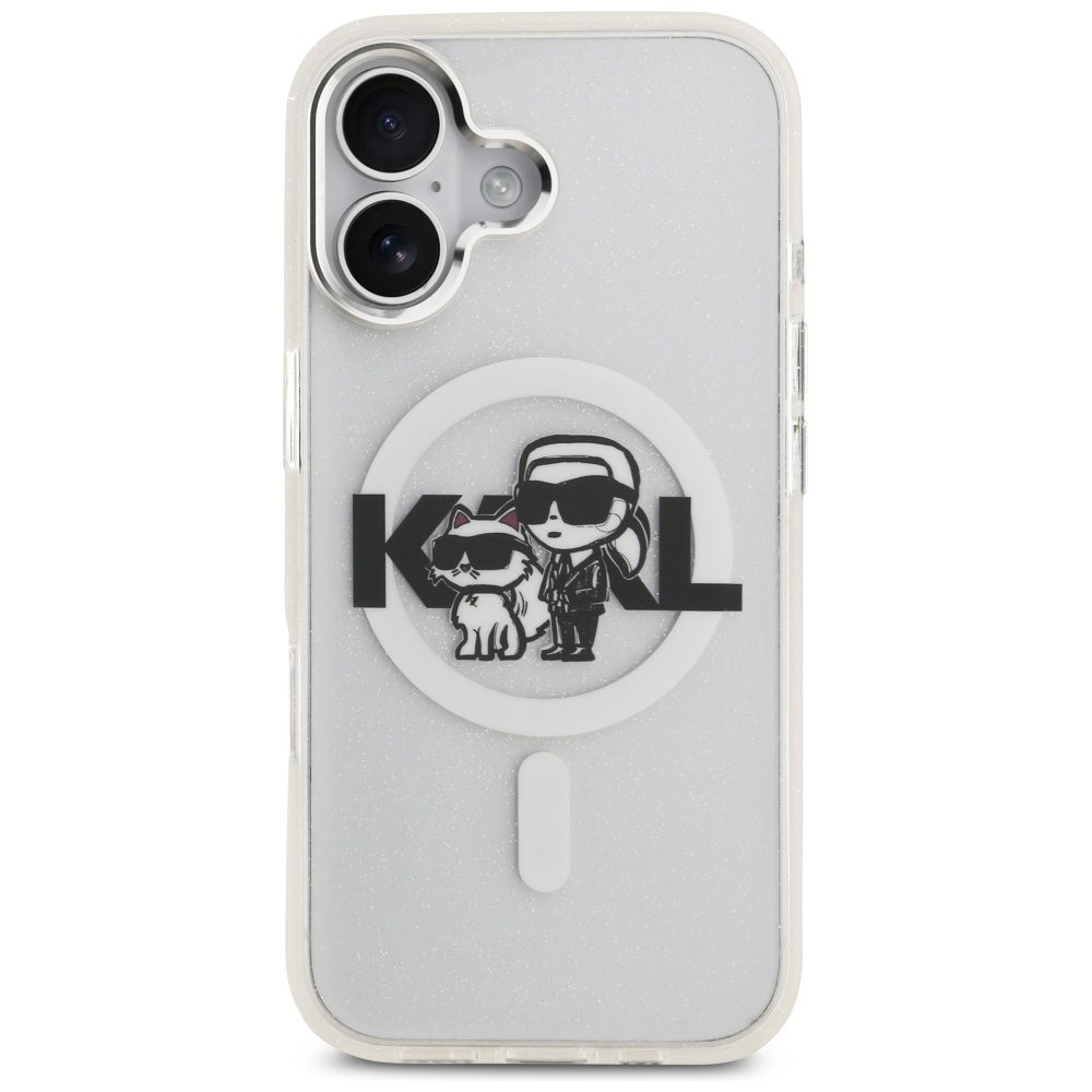 Karl Lagerfeld case Magsafe IML glitter case metal camera frame and buttons Karl and Choupette sketch logo for iPhone 17 black