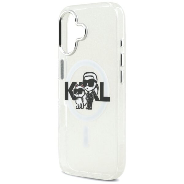 Karl Lagerfeld case Magsafe IML glitter case metal camera frame and buttons Karl and Choupette sketch logo for iPhone 17 black