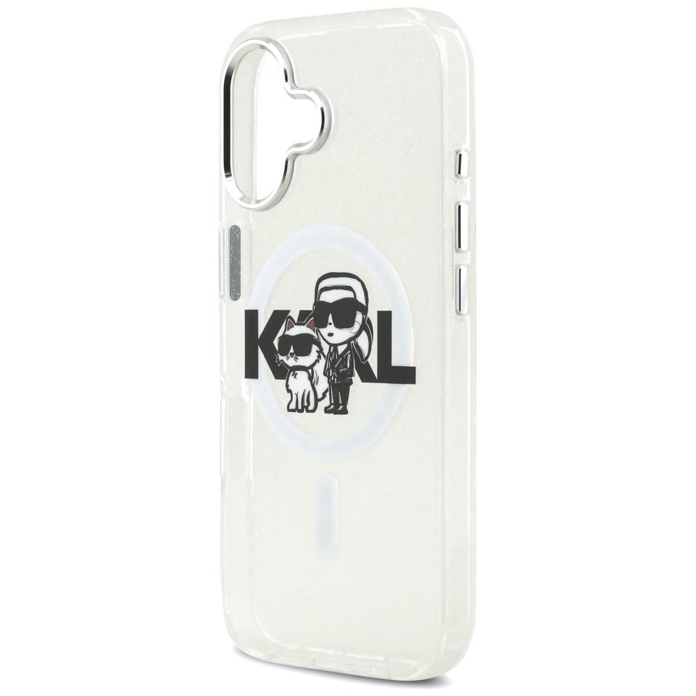 Karl Lagerfeld case Magsafe IML glitter case metal camera frame and buttons Karl and Choupette sketch logo for iPhone 17 black