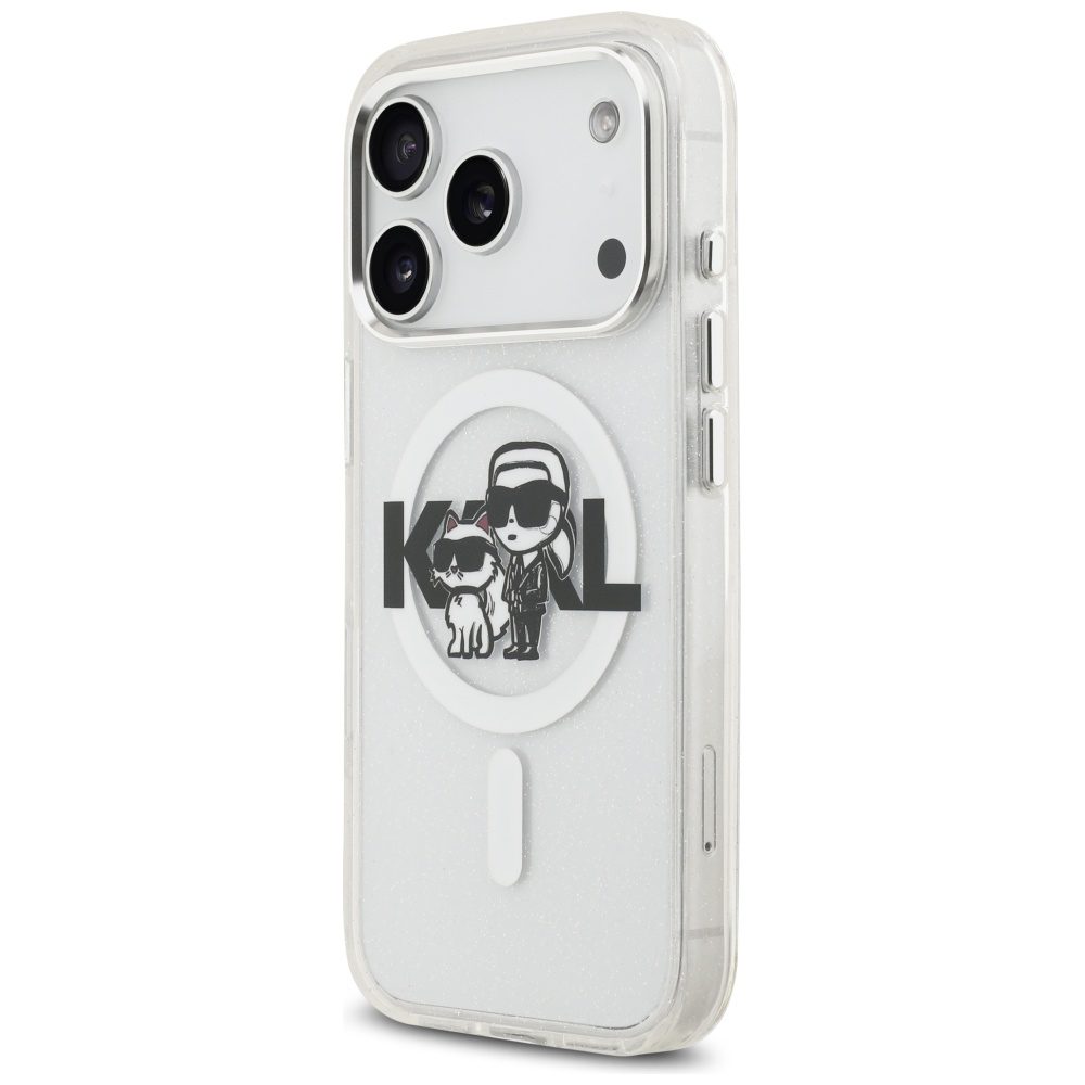 473722_oryg Karl Lagerfeld case Magsafe IML glitter case metal camera frame and buttons Karl and Choupette sketch logo for iPhone 17 Pro black