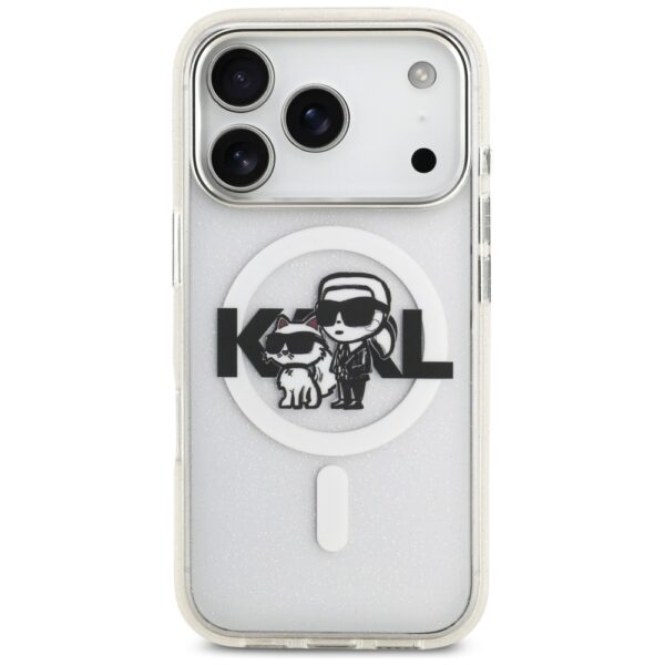 473723_oryg Karl Lagerfeld case Magsafe IML glitter case metal camera frame and buttons Karl and Choupette sketch logo for iPhone 17 Pro black