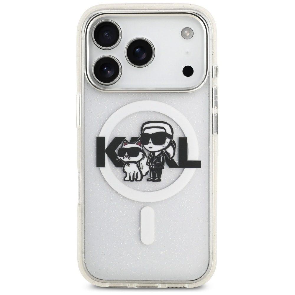 473723_oryg Karl Lagerfeld case Magsafe IML glitter case metal camera frame and buttons Karl and Choupette sketch logo for iPhone 17 Pro black