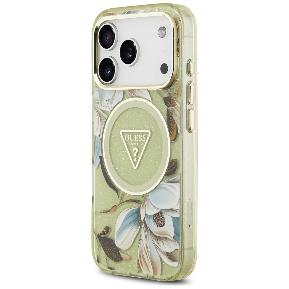 474180_oryg Guess IML Glitter Flowers Triangle MagSafe case for iPhone 17 Pro green