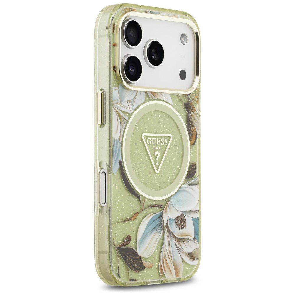 474182_oryg Guess IML Glitter Flowers Triangle MagSafe case for iPhone 17 Pro green