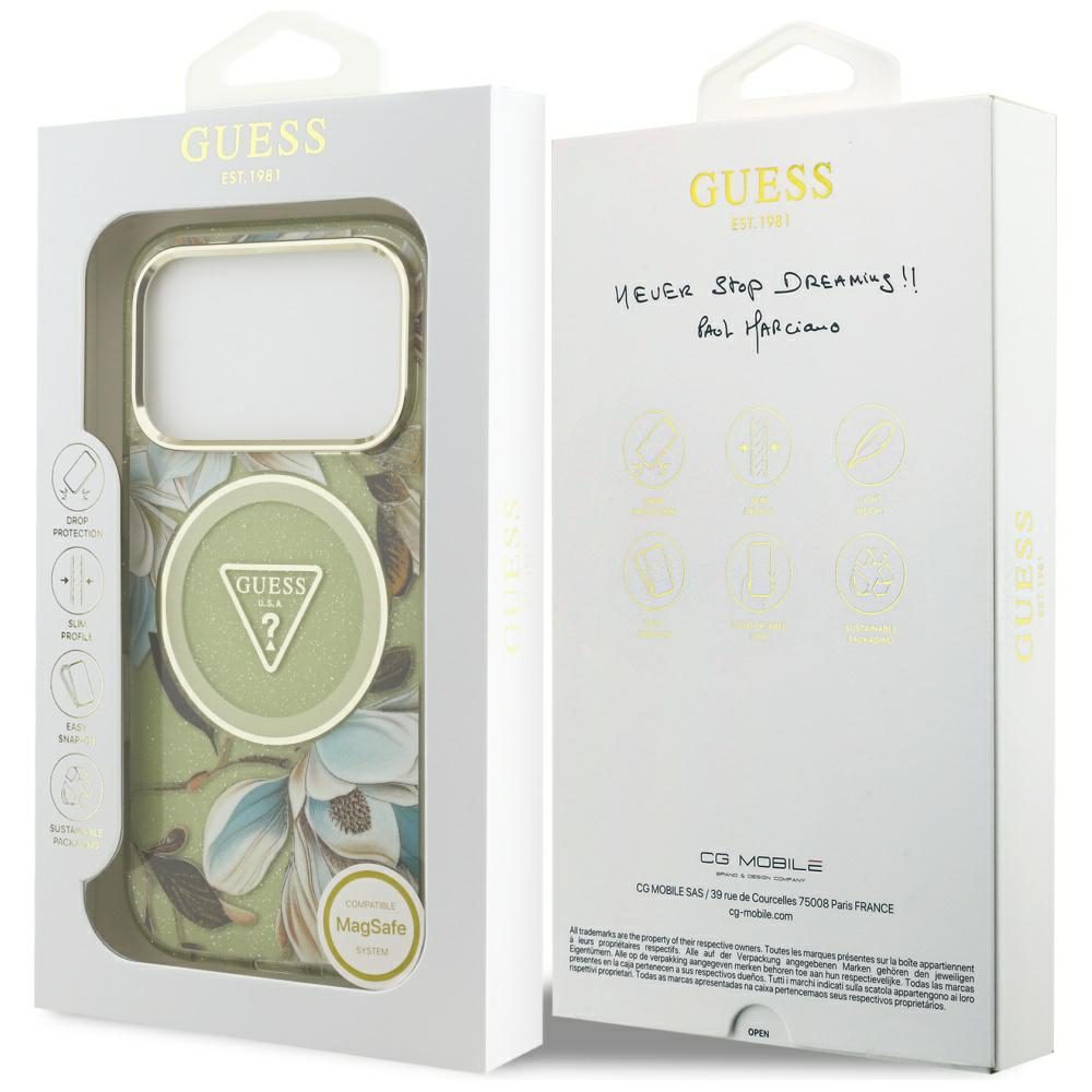 474186_oryg Guess IML Glitter Flowers Triangle MagSafe case for iPhone 17 Pro green