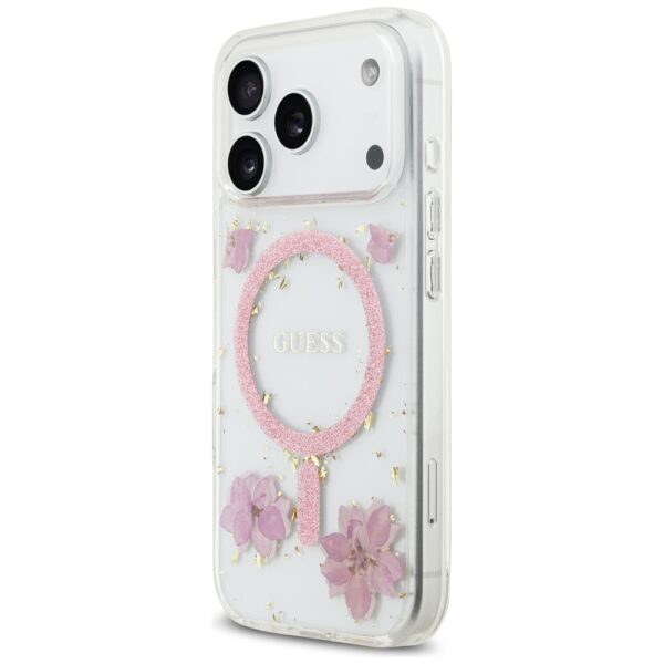 Guess Resin Flowers Glitter MagSafe case for iPhone 17 Pro pink