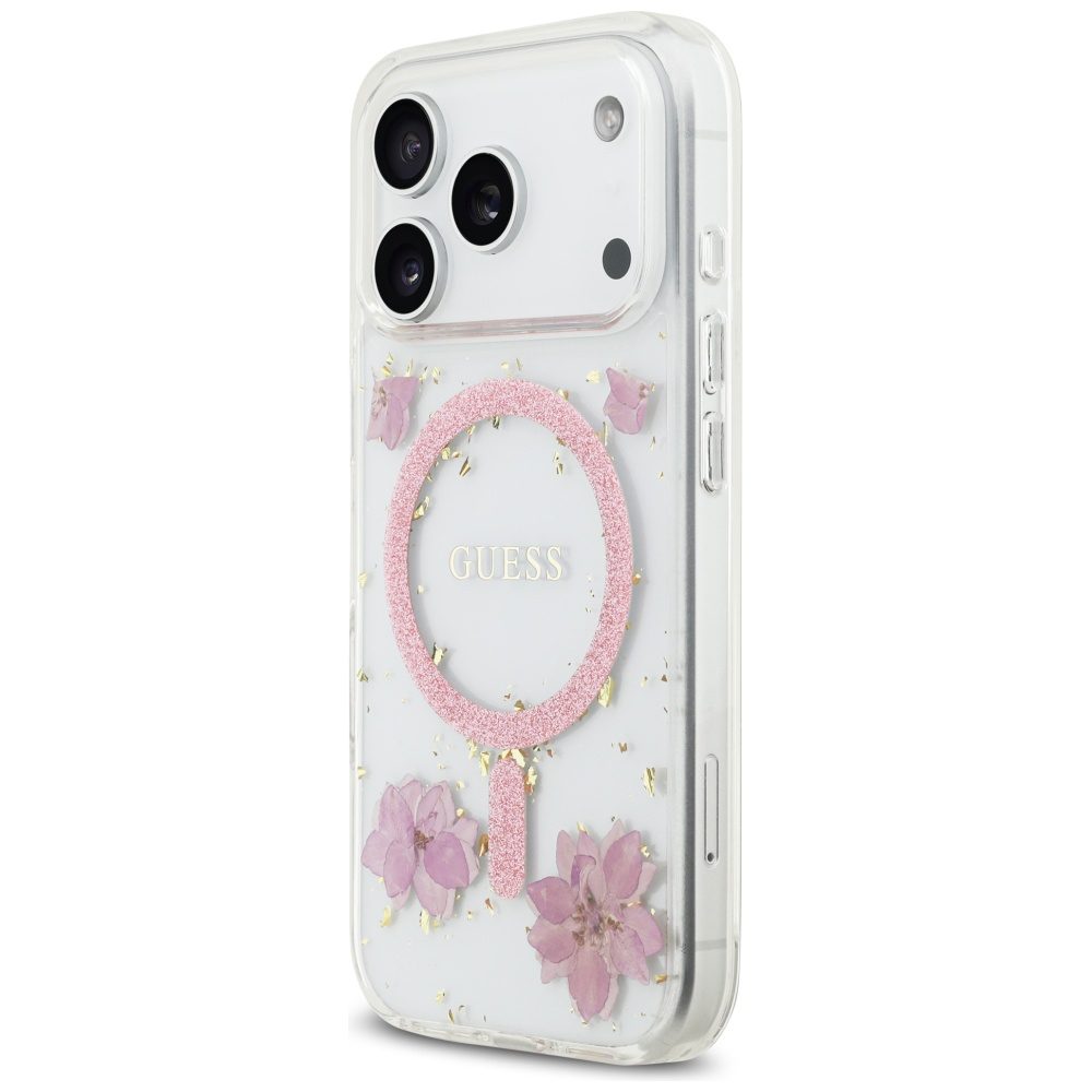 Guess Resin Flowers Glitter MagSafe case for iPhone 17 Pro pink