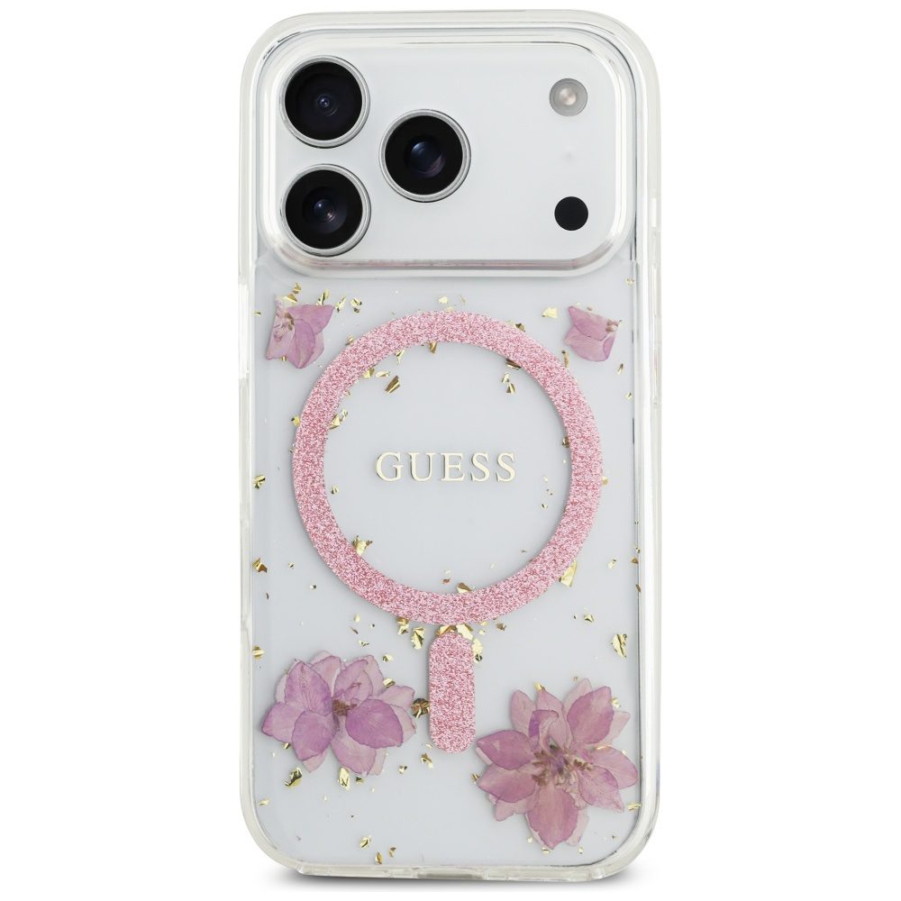 Guess Resin Flowers Glitter MagSafe case for iPhone 17 Pro pink