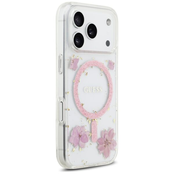 Guess Resin Flowers Glitter MagSafe case for iPhone 17 Pro pink