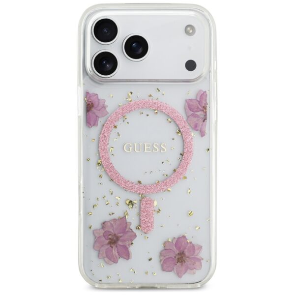 Guess Resin Flowers Glitter MagSafe case for iPhone 17 Pro Max pink