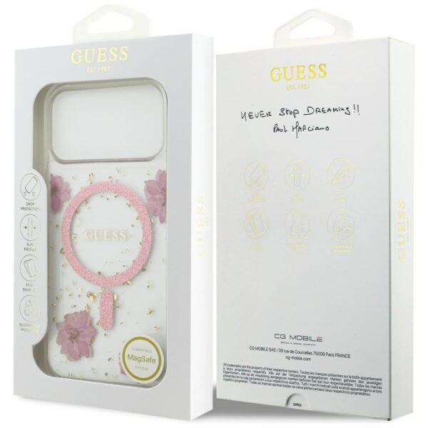 Guess Resin Flowers Glitter MagSafe case for iPhone 17 Pro Max pink