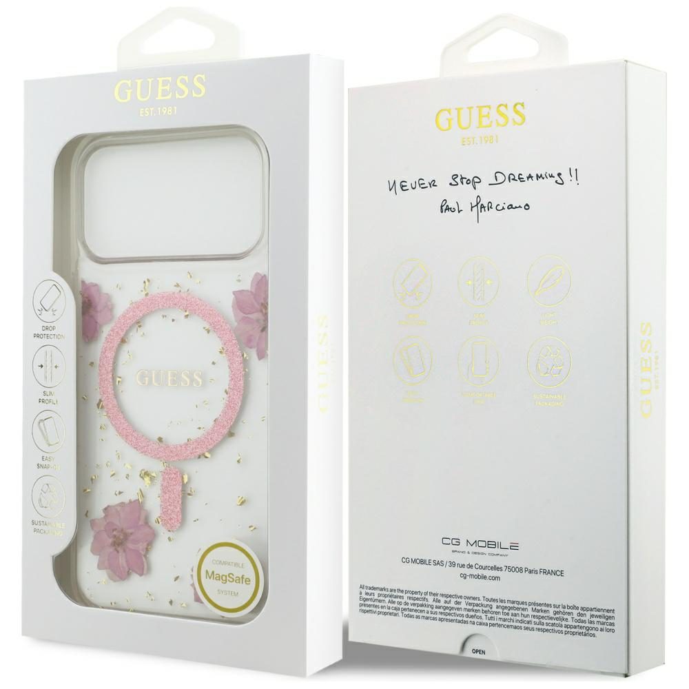 Guess Resin Flowers Glitter MagSafe case for iPhone 17 Pro Max pink