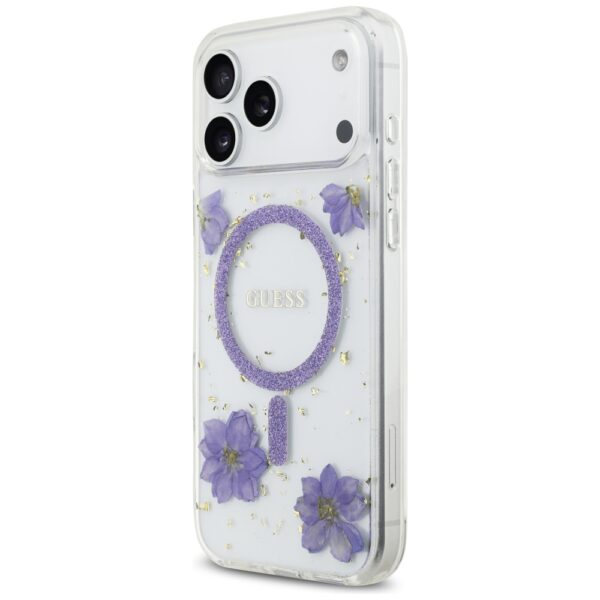 Guess Resin Flowers Glitter MagSafe case for iPhone 17 Pro Max purple