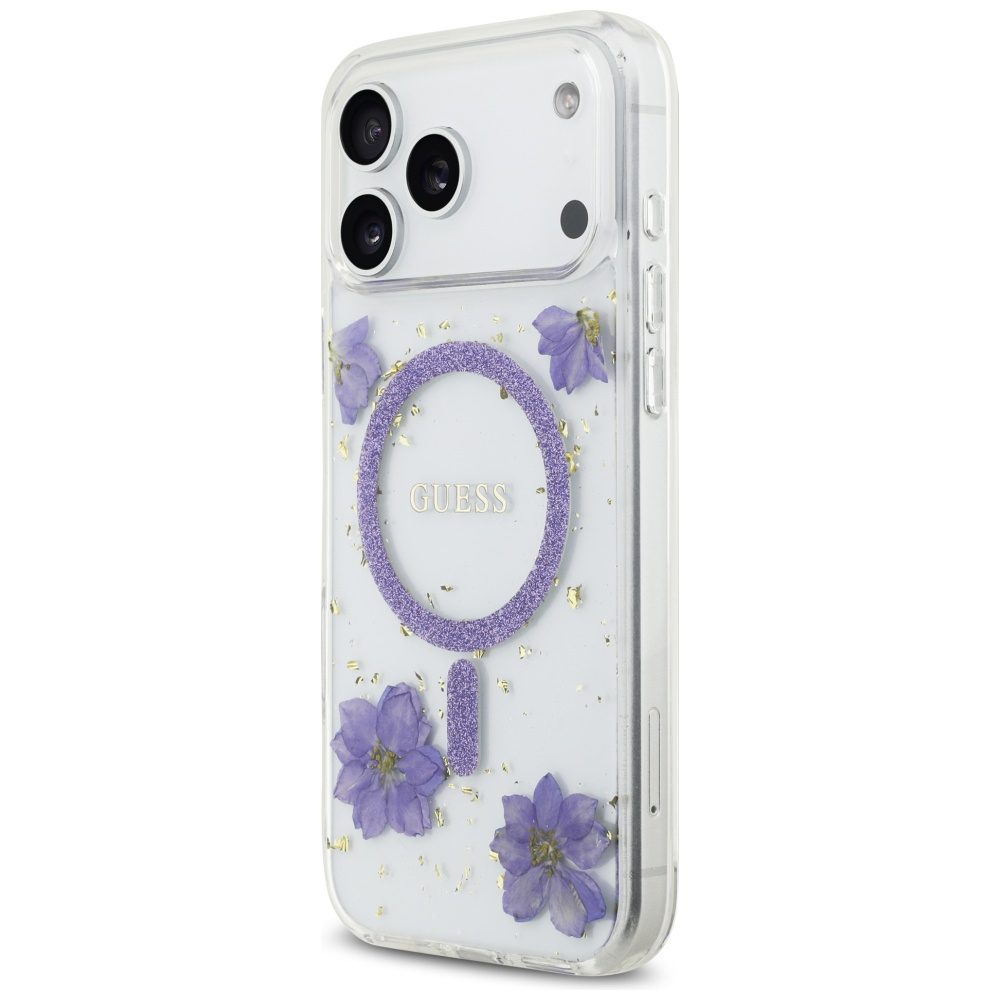 Guess Resin Flowers Glitter MagSafe case for iPhone 17 Pro Max purple