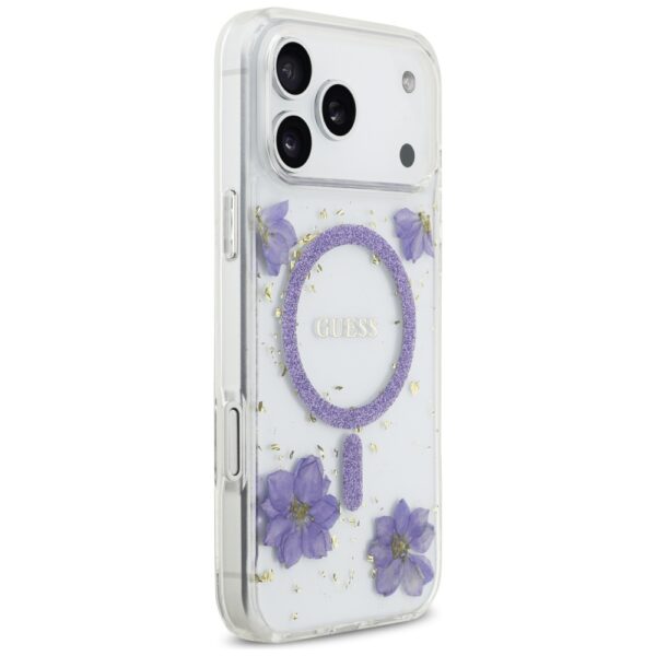 Guess Resin Flowers Glitter MagSafe case for iPhone 17 Pro Max purple