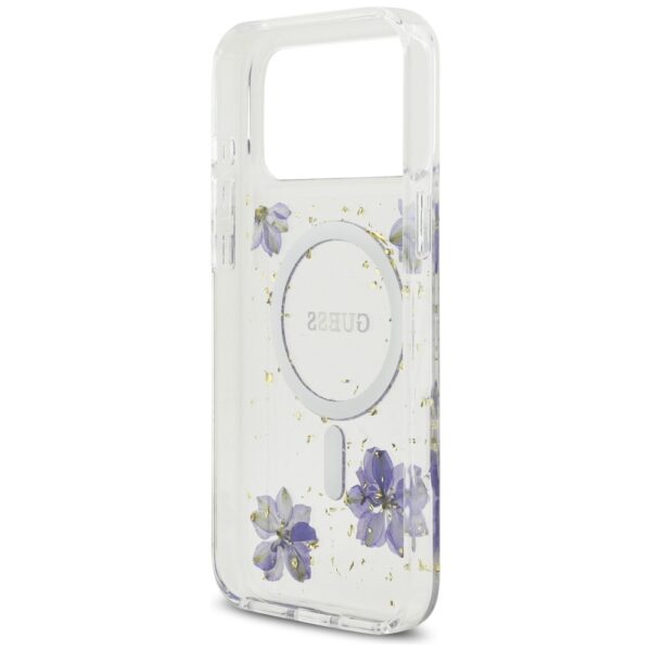 Guess Resin Flowers Glitter MagSafe case for iPhone 17 Pro Max purple