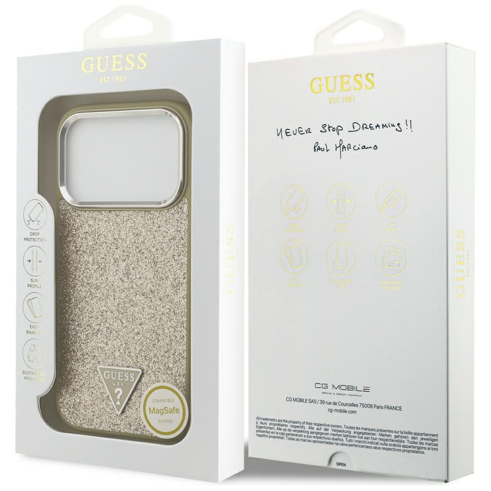 474402_oryg Guess Glitter Triangle Logo MagSafe case for iPhone 17 Pro gold
