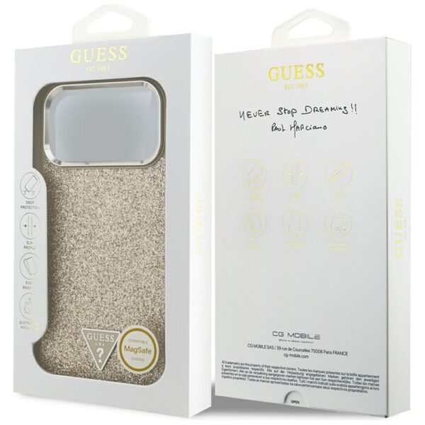 Guess Glitter Triangle Logo MagSafe case for iPhone 17 Pro Max gold