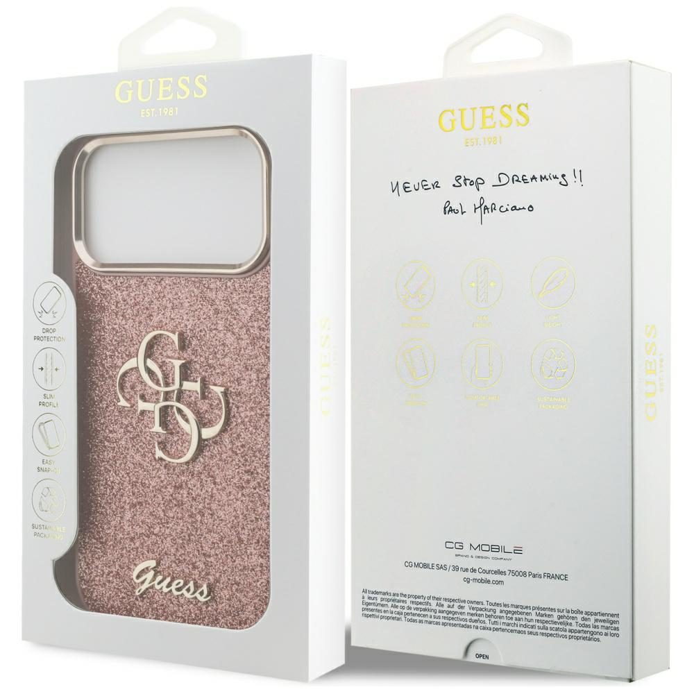 474442_oryg Guess Fixed Glitter Big 4G Metal Frame case for iPhone 17 Pro Max pink