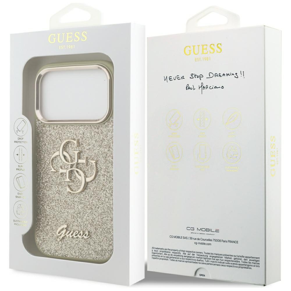 Guess Fixed Glitter Big 4G Metal Frame case for iPhone 17 Pro gold
