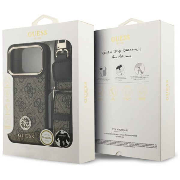 474707_oryg Guess 4G Strass Logo & Big Strap Metal Buttons MagSafe case for iPhone 17 Pro brown