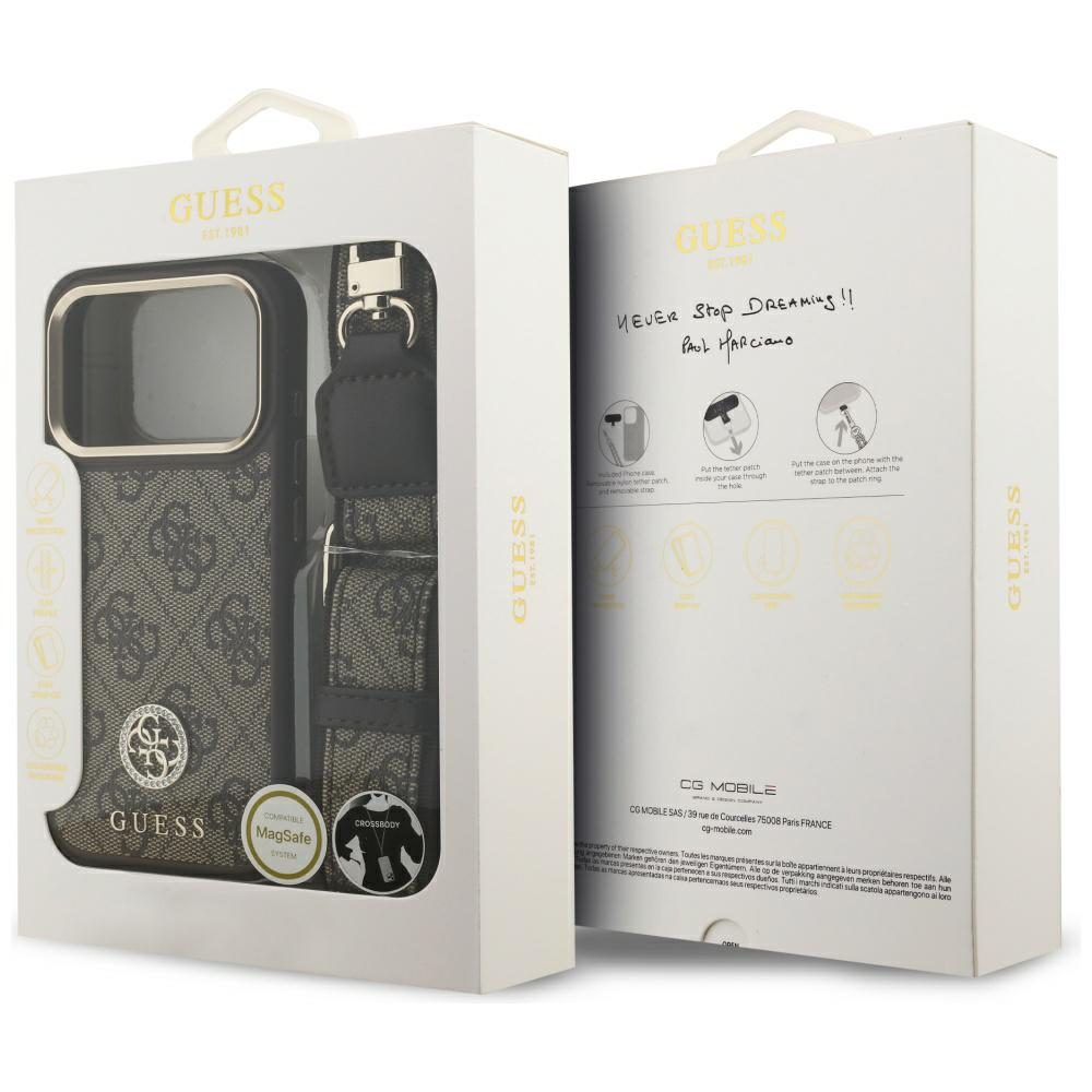 474707_oryg Guess 4G Strass Logo & Big Strap Metal Buttons MagSafe case for iPhone 17 Pro brown