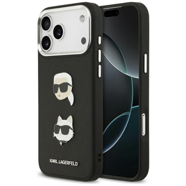 Karl Lagerfeld FW Grained Karl & Choupette Heads Pins & Logo case for iPhone 17 Pro Max black