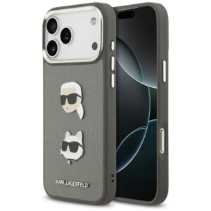 Karl Lagerfeld FW Grained Karl & Choupette Heads Pins & Logo case for iPhone 17 Pro Max grey