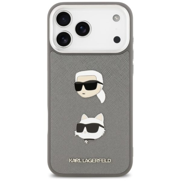 Karl Lagerfeld FW Grained Karl & Choupette Heads Pins & Logo case for iPhone 17 Pro Max grey