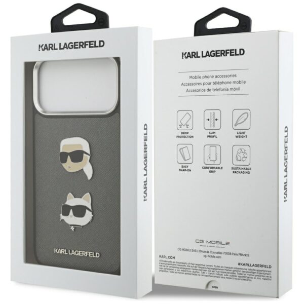 Karl Lagerfeld FW Grained Karl & Choupette Heads Pins & Logo case for iPhone 17 Pro Max grey