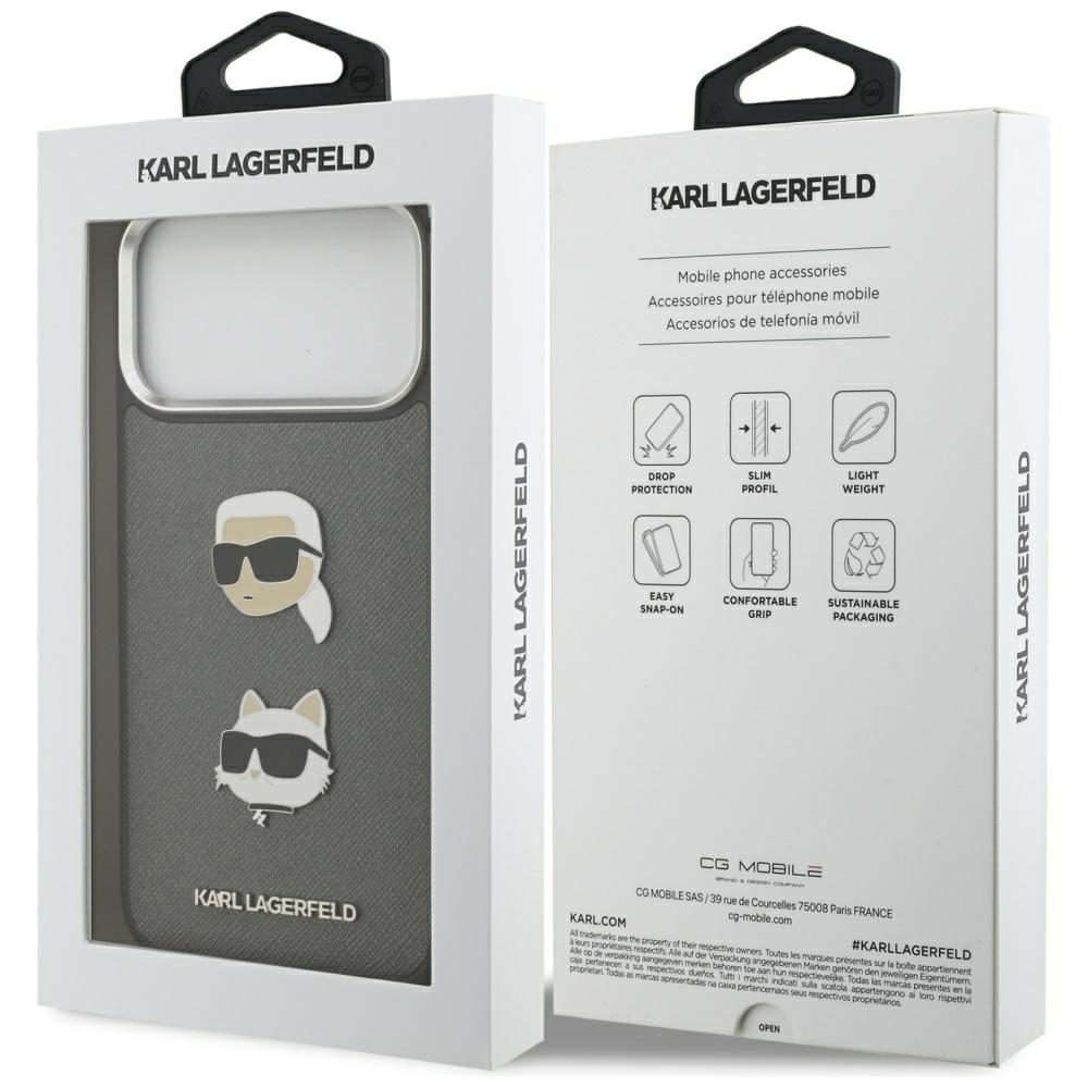 Karl Lagerfeld FW Grained Karl & Choupette Heads Pins & Logo case for iPhone 17 Pro Max grey