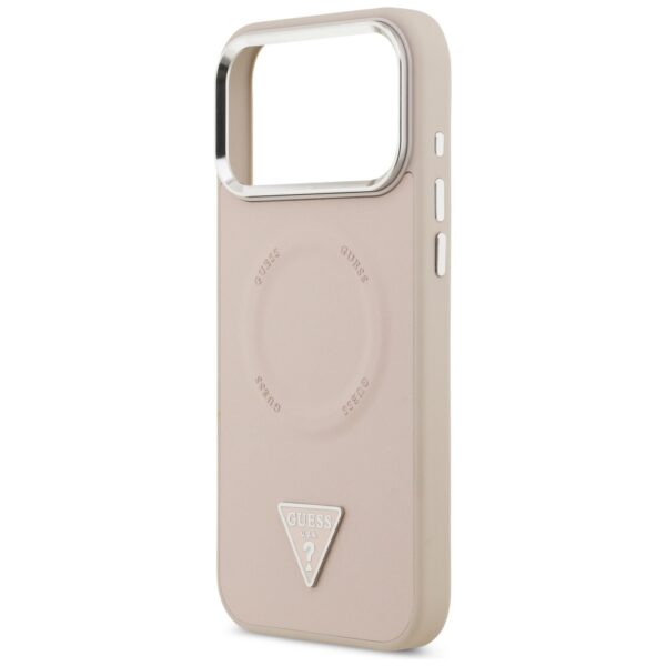 Guess Case Magsafe PU Leather Case With Triangle Logo Silver Metal Camera Frame For iPhone 17 Pro Max Pink
