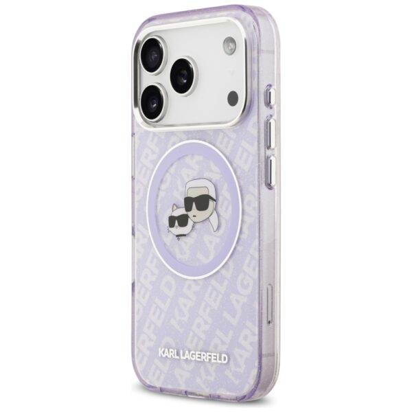 Karl Lagerfeld case Magsafe IML glitter case metal camera frame and buttons Karl and Choupette heads on KL repeated logo for iPhone 17 Pro Max black