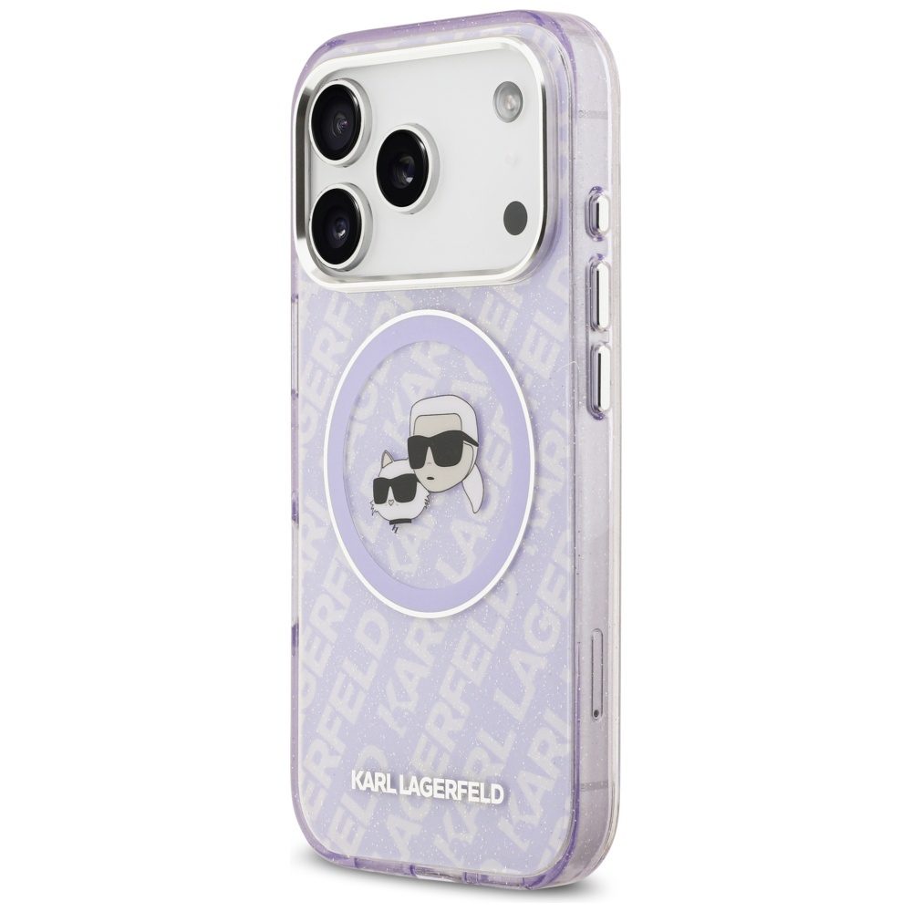 Karl Lagerfeld case Magsafe IML glitter case metal camera frame and buttons Karl and Choupette heads on KL repeated logo for iPhone 17 Pro Max black