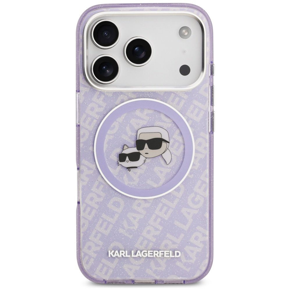 Karl Lagerfeld case Magsafe IML glitter case metal camera frame and buttons Karl and Choupette heads on KL repeated logo for iPhone 17 Pro Max black